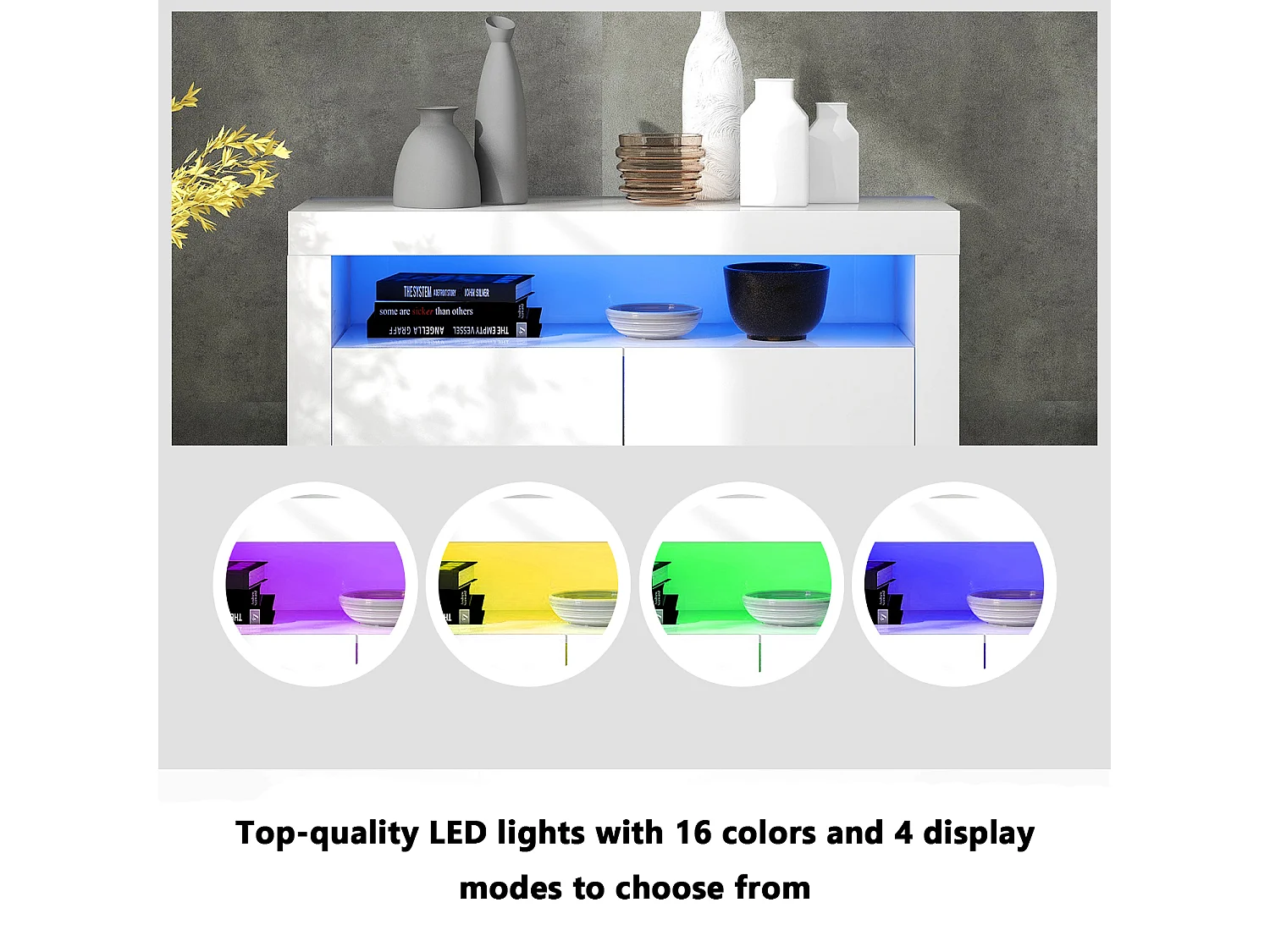Comodidad Sideboard Moderno con Iluminación LED Multicolor, Buffet de Madera Blanca con 2 Puertas y Espacio de Almacenaje, Mueble TV, 108x40x92 cm
