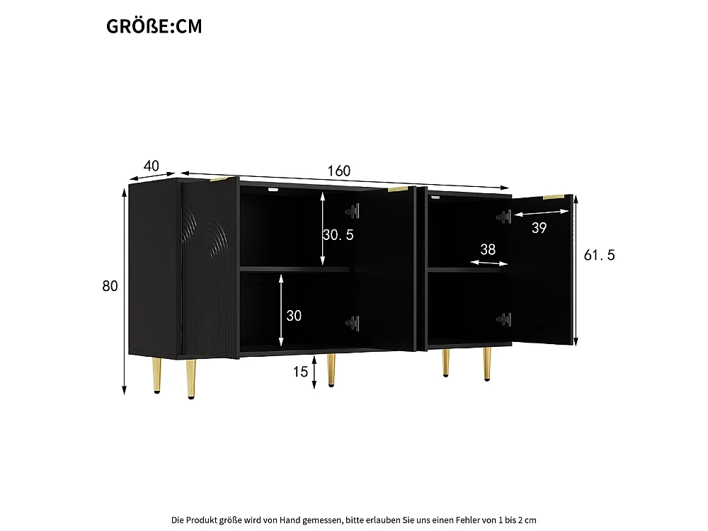 Buffet Moderno con 4 Puertas, Rejillas Doradas, Patas Metálicas y Sistema de Cierre Suave – Negro y Oro (160x80x40 cm)