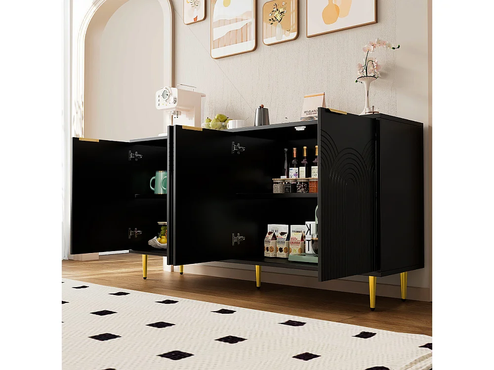 Buffet Moderno con 4 Puertas, Rejillas Doradas, Patas Metálicas y Sistema de Cierre Suave – Negro y Oro (160x80x40 cm)