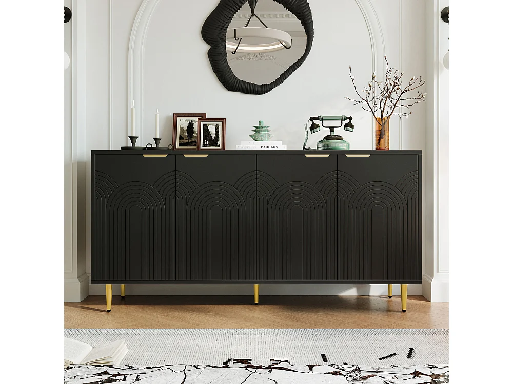 Buffet Moderno con 4 Puertas, Rejillas Doradas, Patas Metálicas y Sistema de Cierre Suave – Negro y Oro (160x80x40 cm)