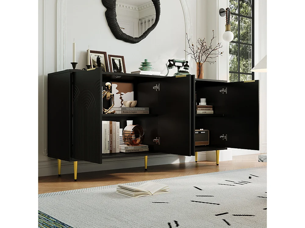 Buffet Moderno con 4 Puertas, Rejillas Doradas, Patas Metálicas y Sistema de Cierre Suave – Negro y Oro (160x80x40 cm)