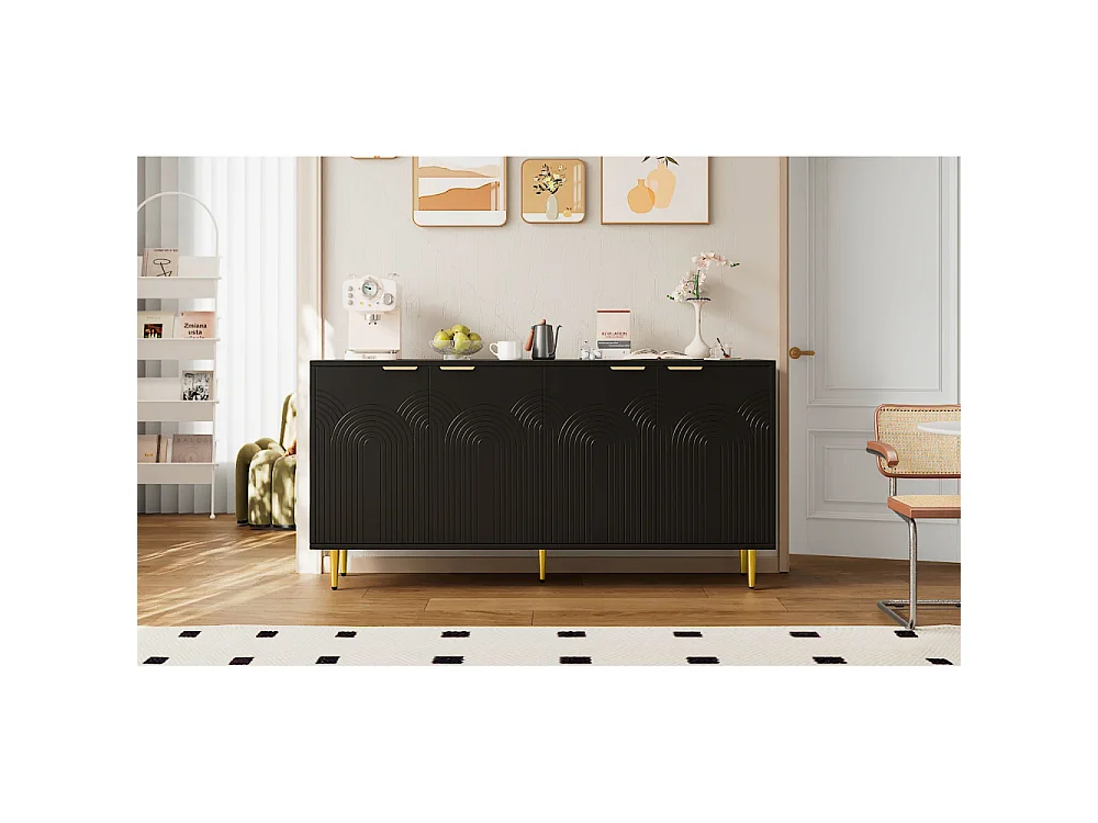 Buffet Moderno con 4 Puertas, Rejillas Doradas, Patas Metálicas y Sistema de Cierre Suave – Negro y Oro (160x80x40 cm)