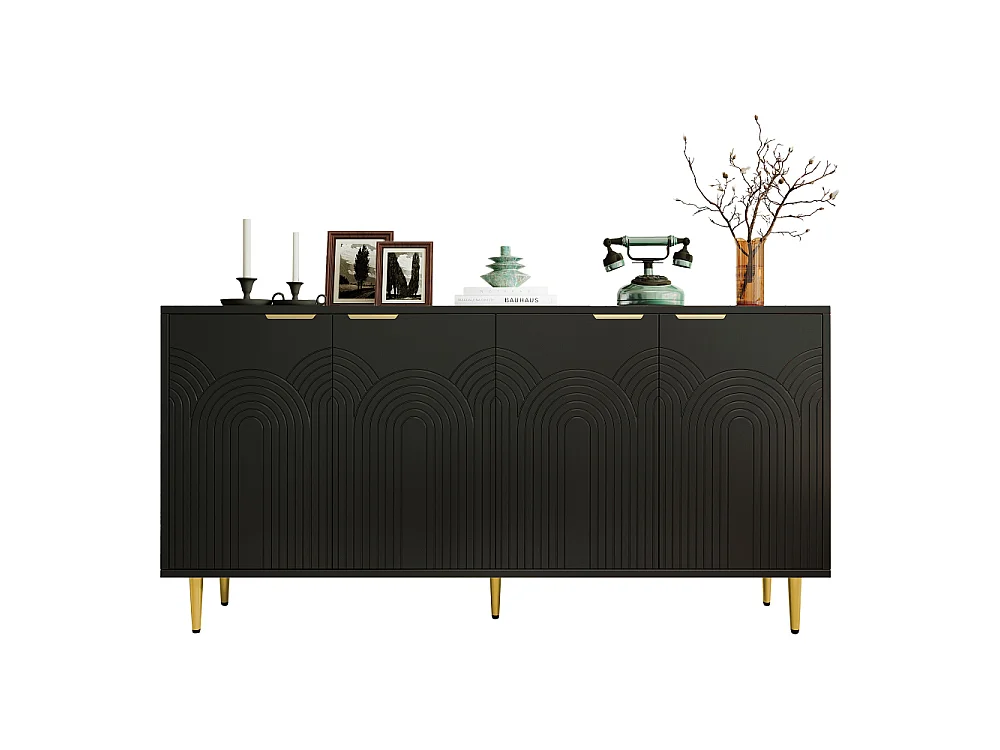 Buffet Moderno con 4 Puertas, Rejillas Doradas, Patas Metálicas y Sistema de Cierre Suave – Negro y Oro (160x80x40 cm)