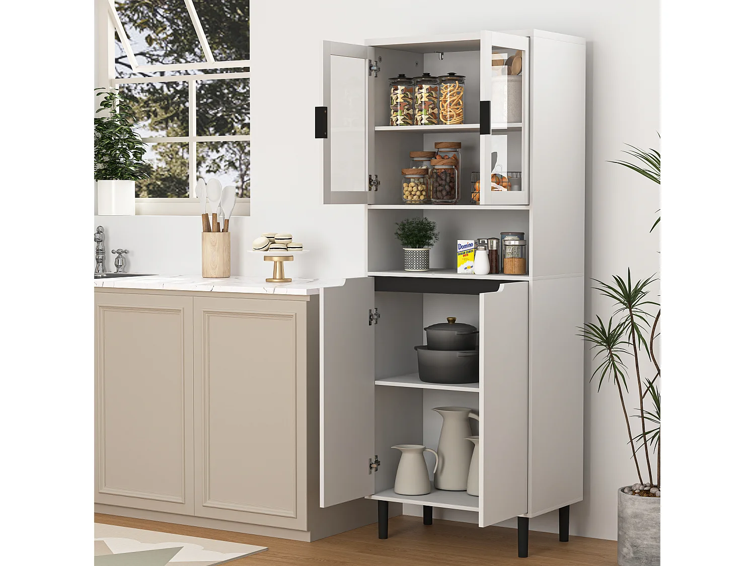 Bibliothèque Haute avec Porte en Verre Trempé, 4 Compartiments, Tablette Ajustable et MDF Laqué, Meuble de Rangement pour Salon et Chambre