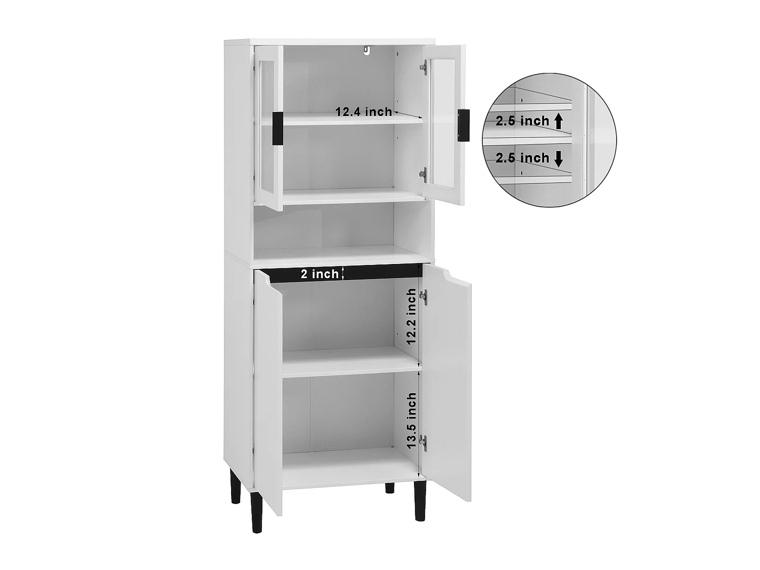 Bibliothèque Haute avec Porte en Verre Trempé, 4 Compartiments, Tablette Ajustable et MDF Laqué, Meuble de Rangement pour Salon et Chambre