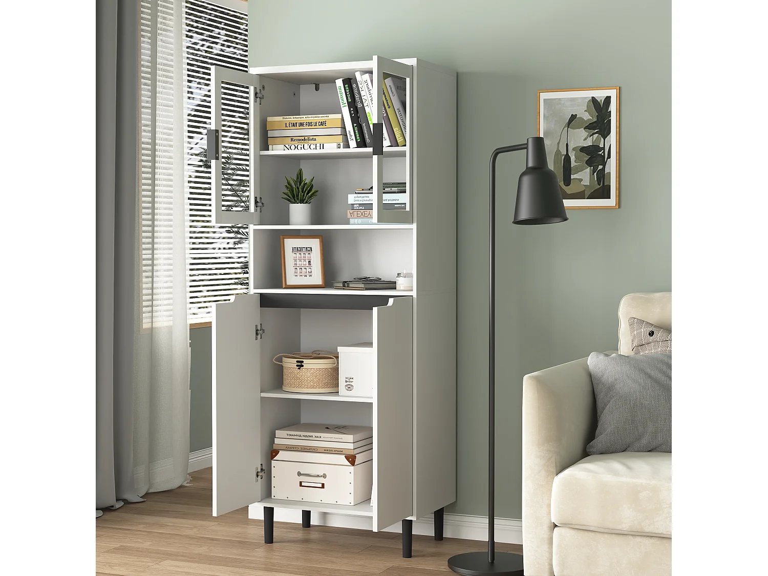 Bibliothèque Haute avec Porte en Verre Trempé, 4 Compartiments, Tablette Ajustable et MDF Laqué, Meuble de Rangement pour Salon et Chambre