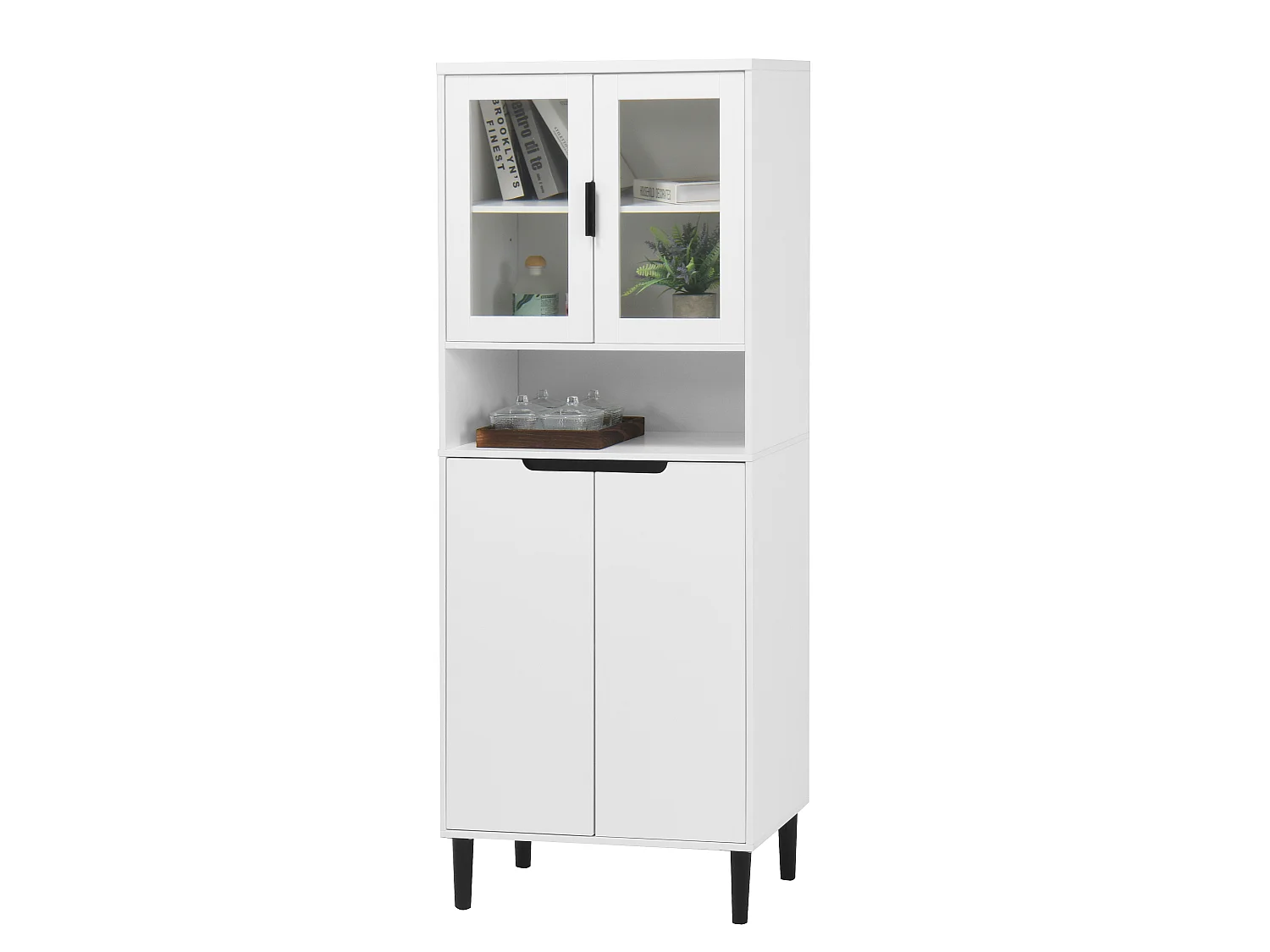 Bibliothèque Haute avec Porte en Verre Trempé, 4 Compartiments, Tablette Ajustable et MDF Laqué, Meuble de Rangement pour Salon et Chambre
