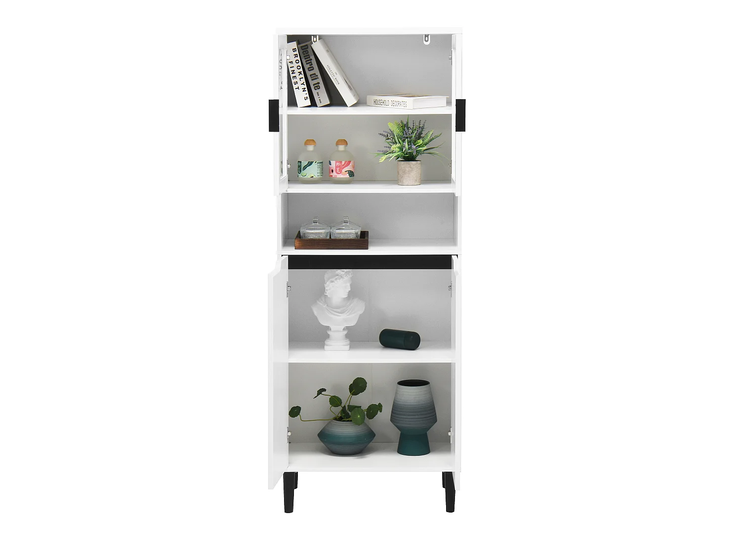 Bibliothèque Haute avec Porte en Verre Trempé, 4 Compartiments, Tablette Ajustable et MDF Laqué, Meuble de Rangement pour Salon et Chambre