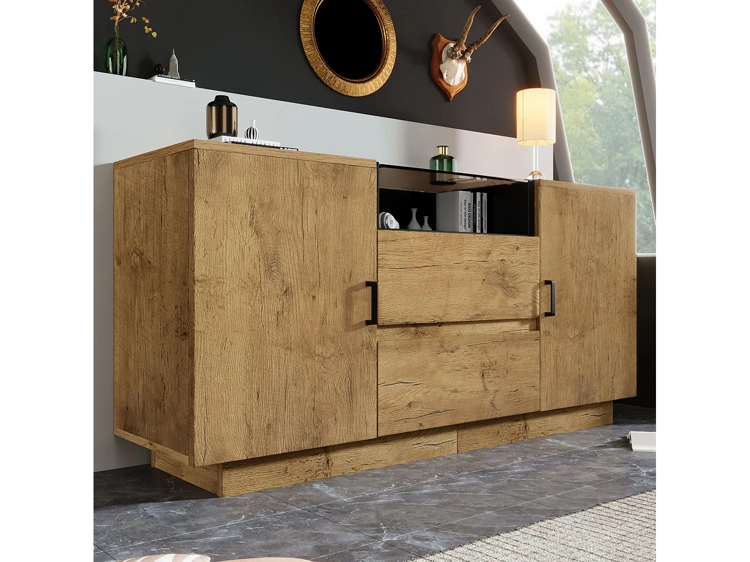 Comò in Stile Legno Rovere con 2 Cassetti, 2 Armadi Regolabili e Comparto Aperto - Struttura Robusta, Vetro ESG e Maniglie Nere, H70/B140/T40 cm