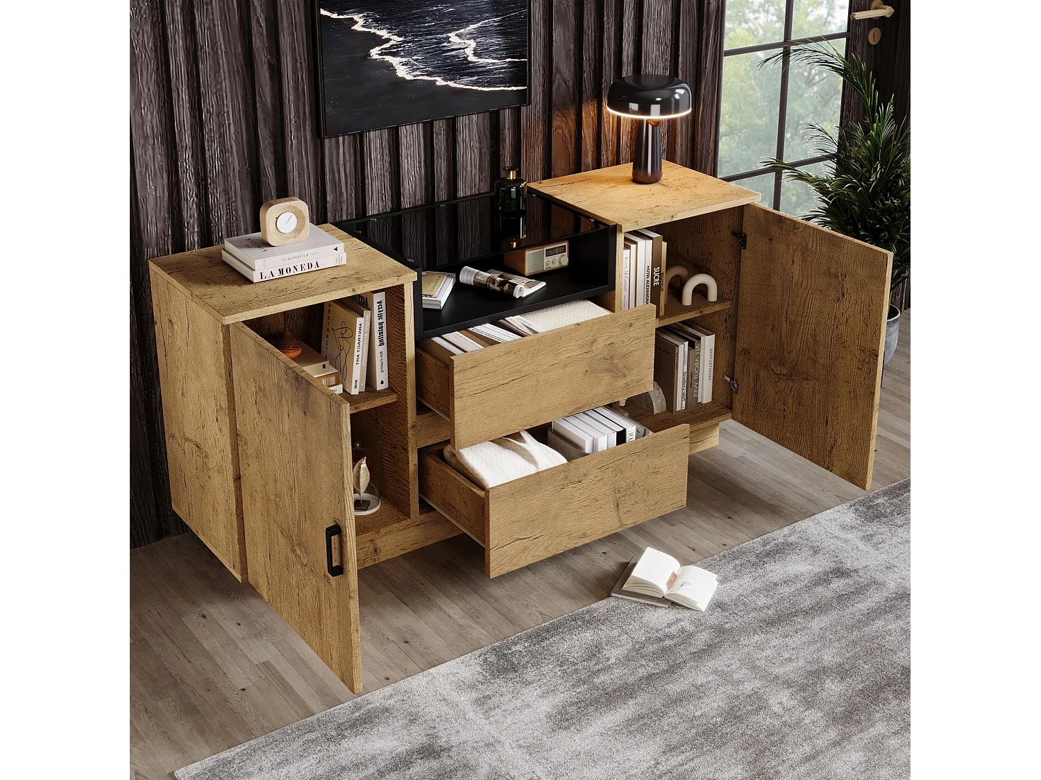 Comò in Stile Legno Rovere con 2 Cassetti, 2 Armadi Regolabili e Comparto Aperto - Struttura Robusta, Vetro ESG e Maniglie Nere, H70/B140/T40 cm