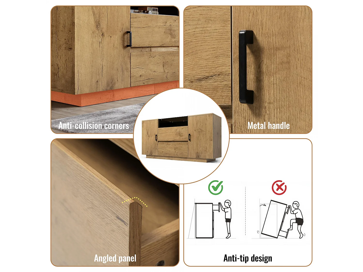 Comò in Stile Legno Rovere con 2 Cassetti, 2 Armadi Regolabili e Comparto Aperto - Struttura Robusta, Vetro ESG e Maniglie Nere, H70/B140/T40 cm