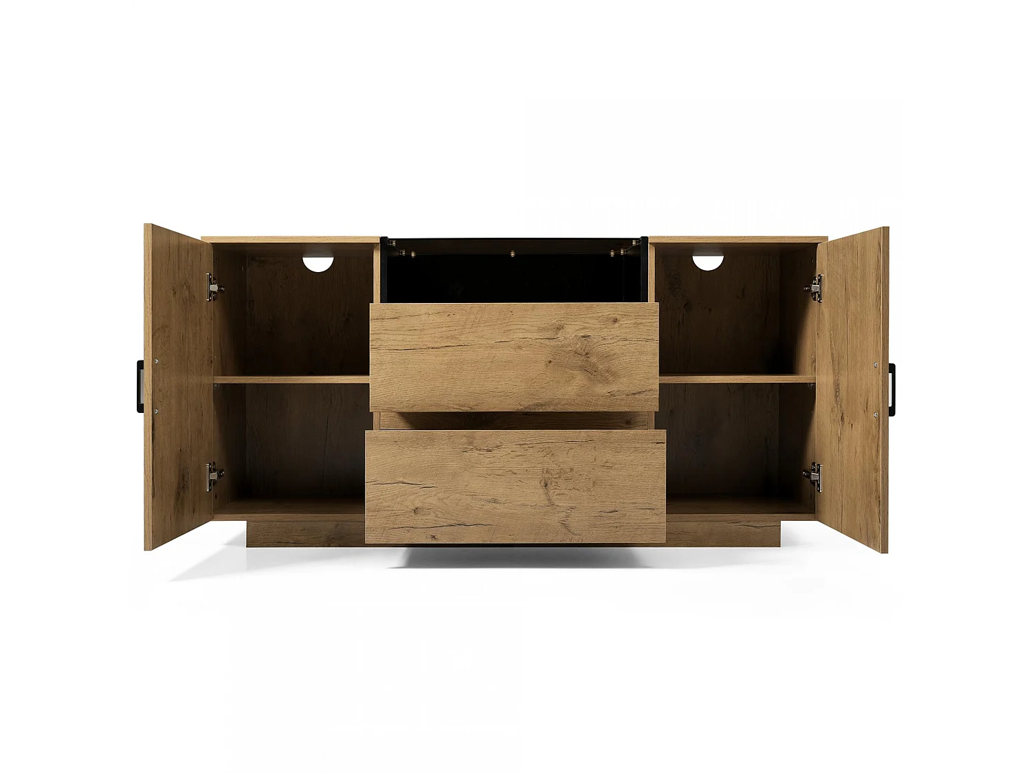 Comò in Stile Legno Rovere con 2 Cassetti, 2 Armadi Regolabili e Comparto Aperto - Struttura Robusta, Vetro ESG e Maniglie Nere, H70/B140/T40 cm