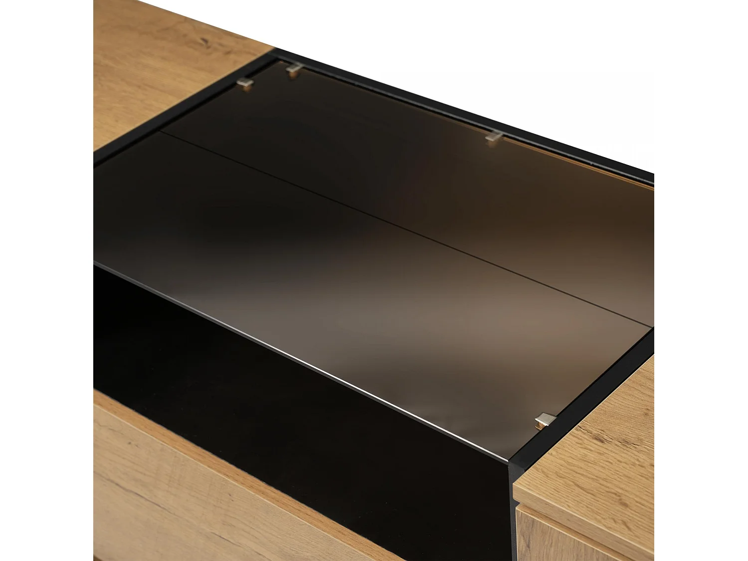Comò in Stile Legno Rovere con 2 Cassetti, 2 Armadi Regolabili e Comparto Aperto - Struttura Robusta, Vetro ESG e Maniglie Nere, H70/B140/T40 cm