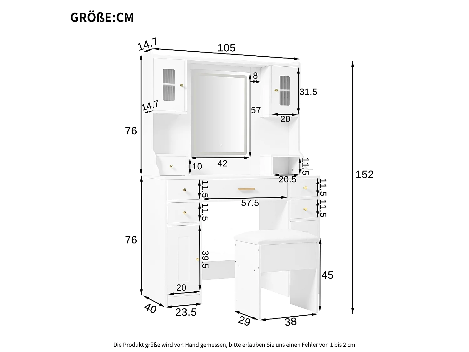 Gran tocador con espejo LED regulable y enchufes USB/Type-C, 6 cajones y 4 puertas, almacenaje blanco 105x152x40 cm