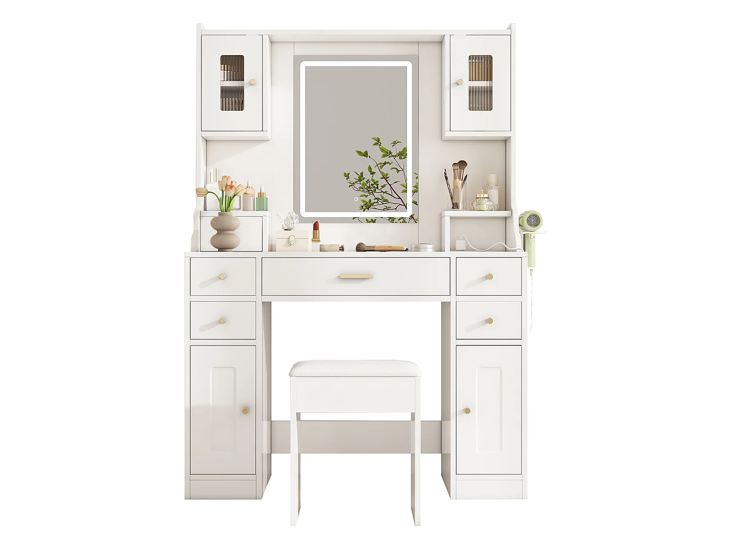 Gran tocador con espejo LED regulable y enchufes USB/Type-C, 6 cajones y 4 puertas, almacenaje blanco 105x152x40 cm
