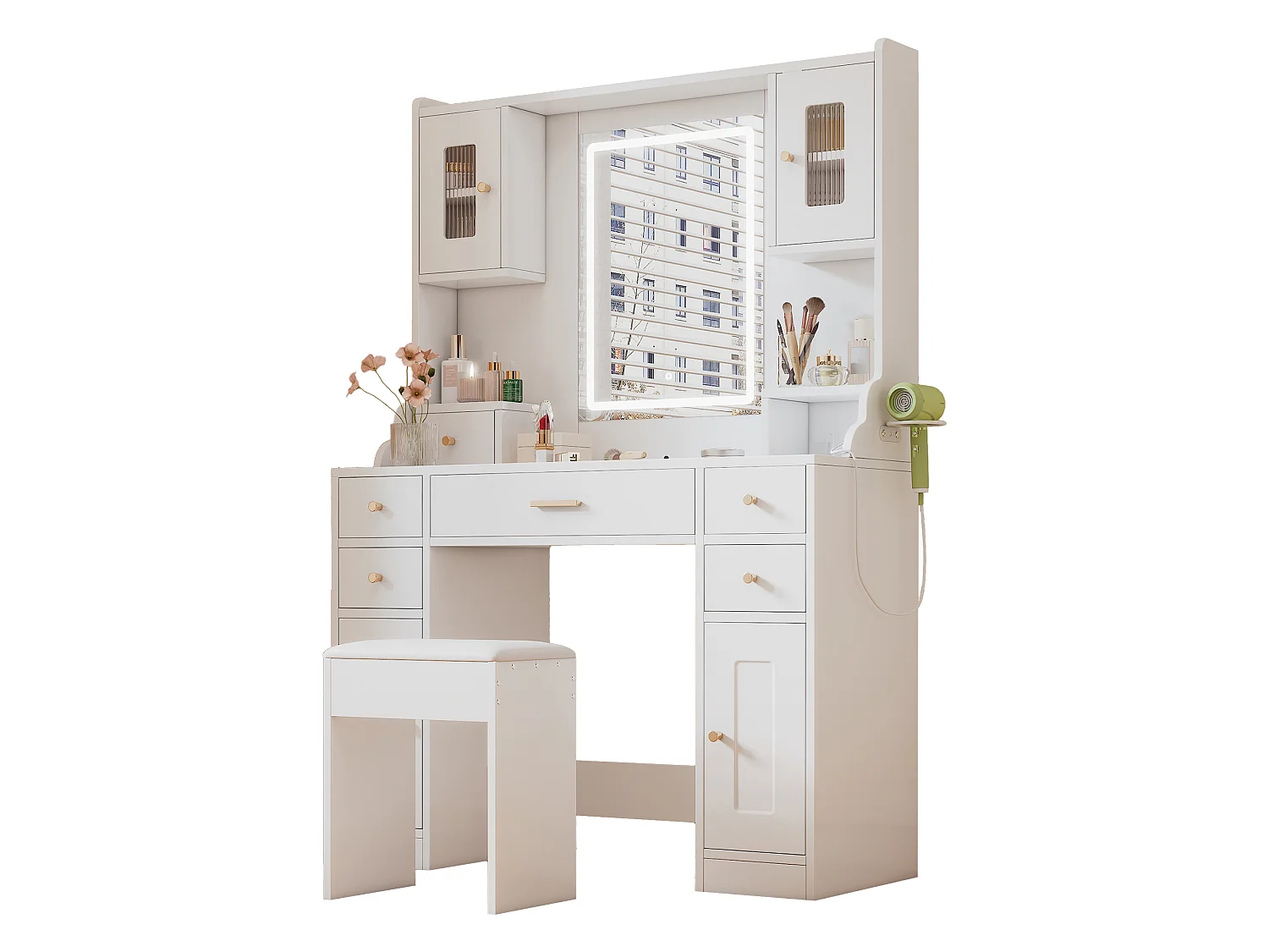 Gran tocador con espejo LED regulable y enchufes USB/Type-C, 6 cajones y 4 puertas, almacenaje blanco 105x152x40 cm