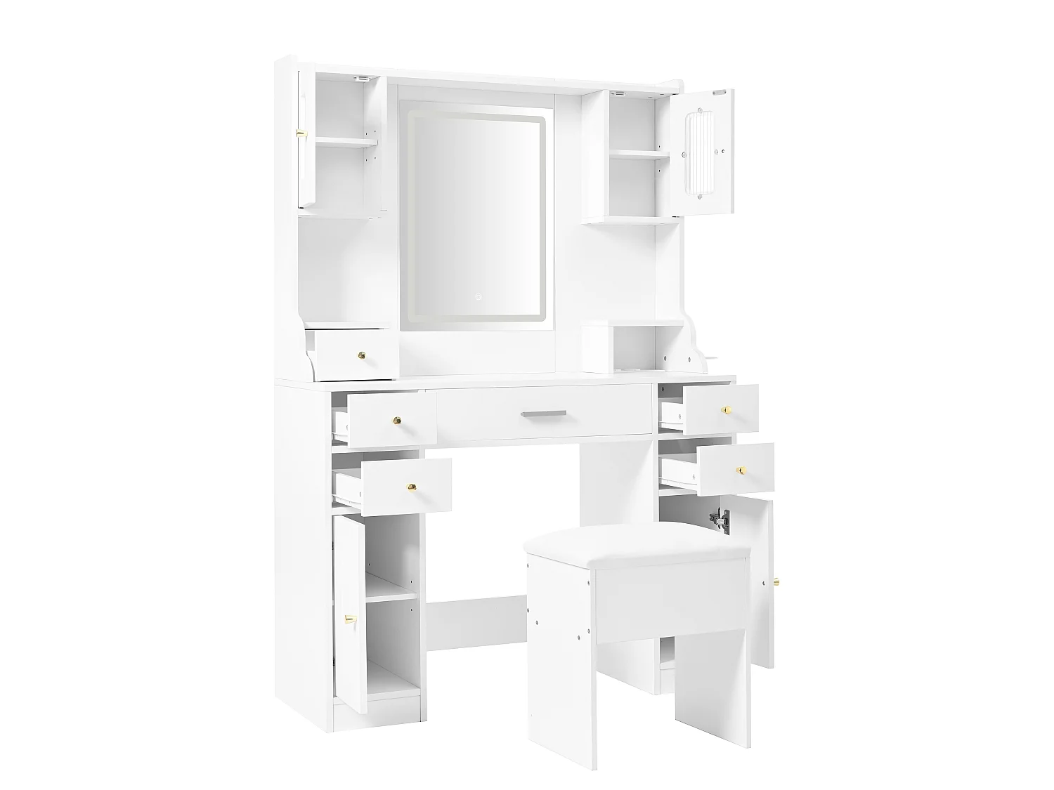 Gran tocador con espejo LED regulable y enchufes USB/Type-C, 6 cajones y 4 puertas, almacenaje blanco 105x152x40 cm