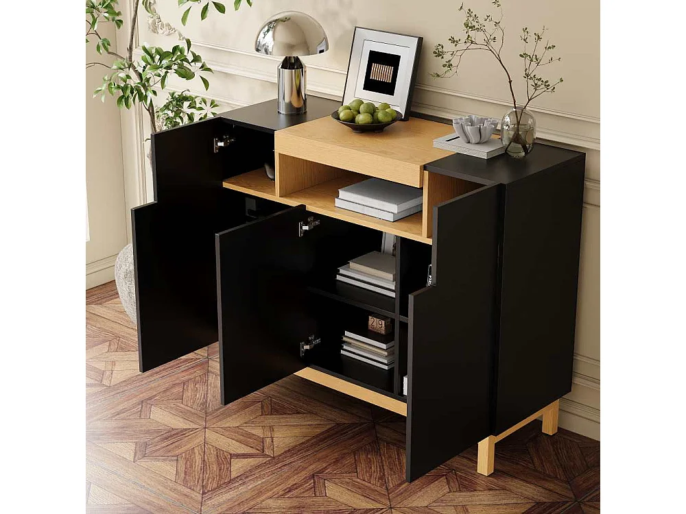 Aparador moderno con tres puertas, compartimentos abiertos y cerrados, mueble multifuncional para salón y comedor
