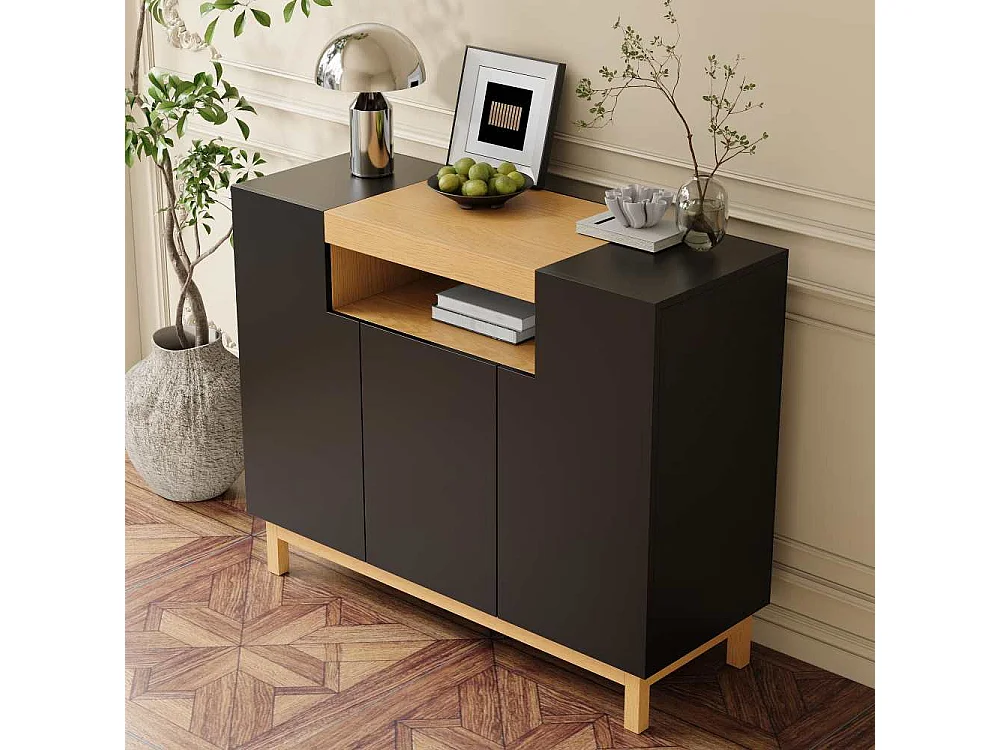 Aparador moderno con tres puertas, compartimentos abiertos y cerrados, mueble multifuncional para salón y comedor