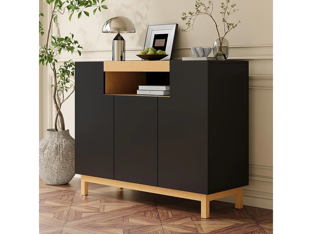 Aparador moderno con tres puertas, compartimentos abiertos y cerrados, mueble multifuncional para salón y comedor