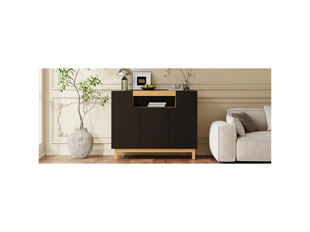 Aparador moderno con tres puertas, compartimentos abiertos y cerrados, mueble multifuncional para salón y comedor