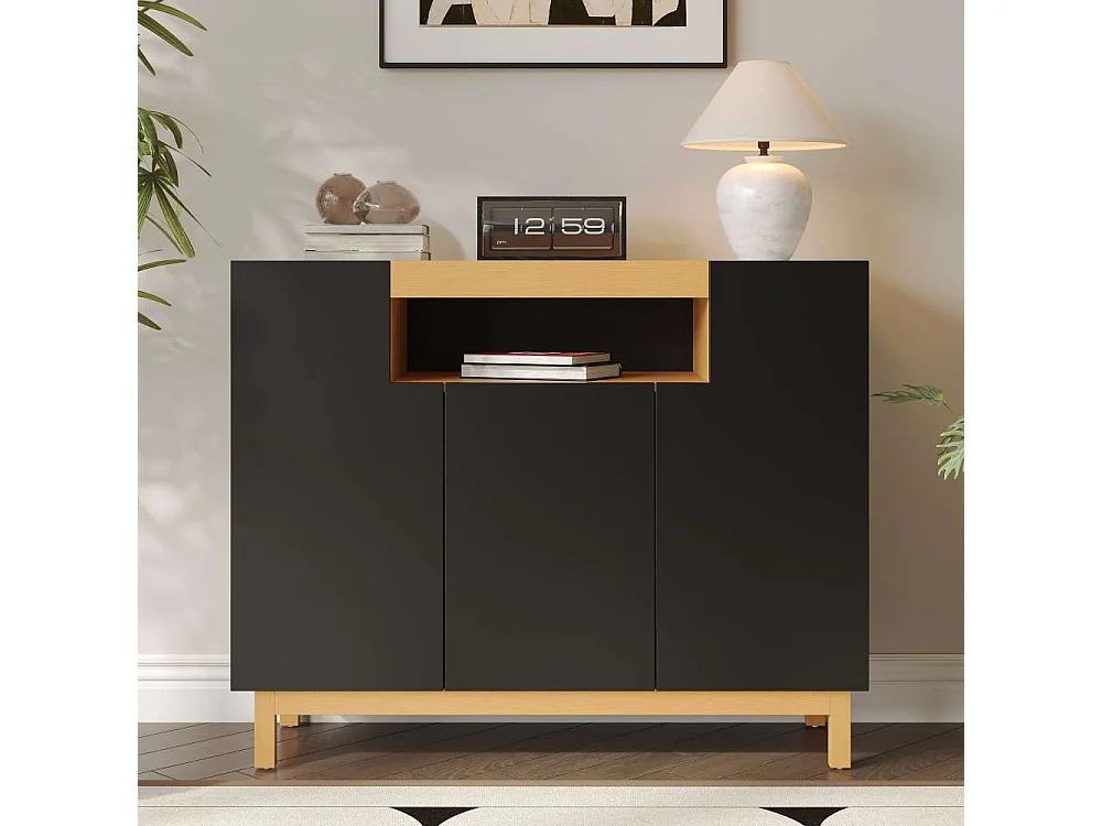 Aparador moderno con tres puertas, compartimentos abiertos y cerrados, mueble multifuncional para salón y comedor