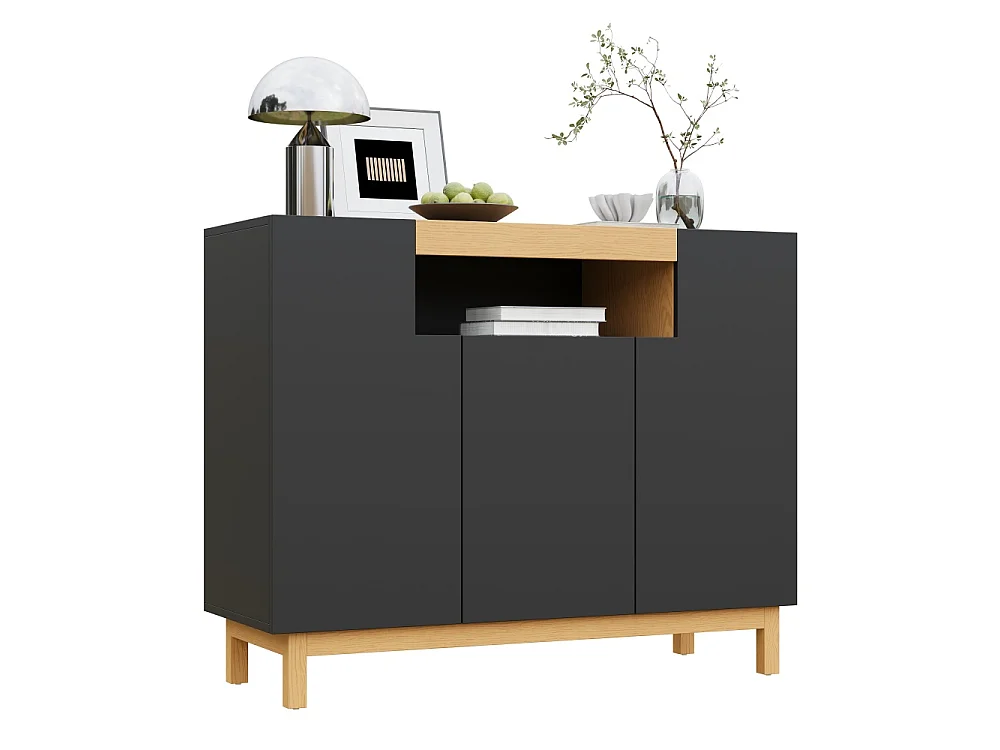 Aparador moderno con tres puertas, compartimentos abiertos y cerrados, mueble multifuncional para salón y comedor