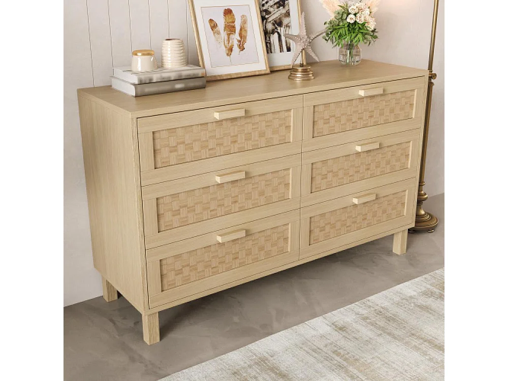 Aparador de madera natural 6 cajones, mueble de almacenamiento estilo ratán, multiusos para dormitorio y salón
