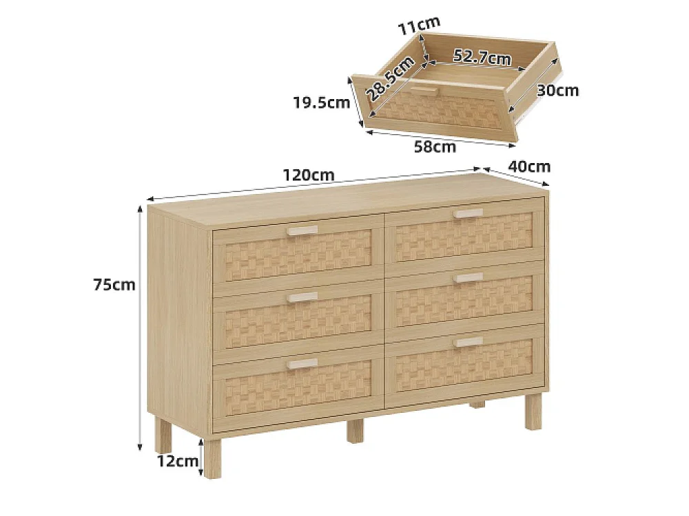 Aparador de madera natural 6 cajones, mueble de almacenamiento estilo ratán, multiusos para dormitorio y salón