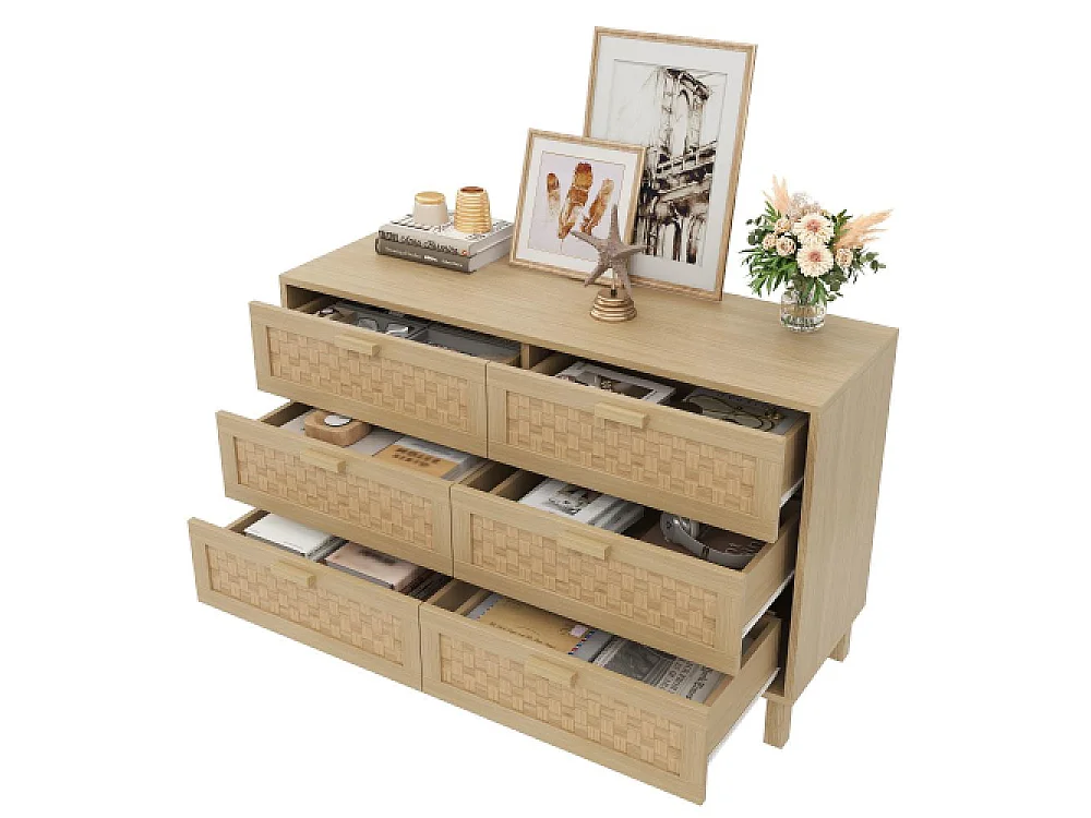 Aparador de madera natural 6 cajones, mueble de almacenamiento estilo ratán, multiusos para dormitorio y salón