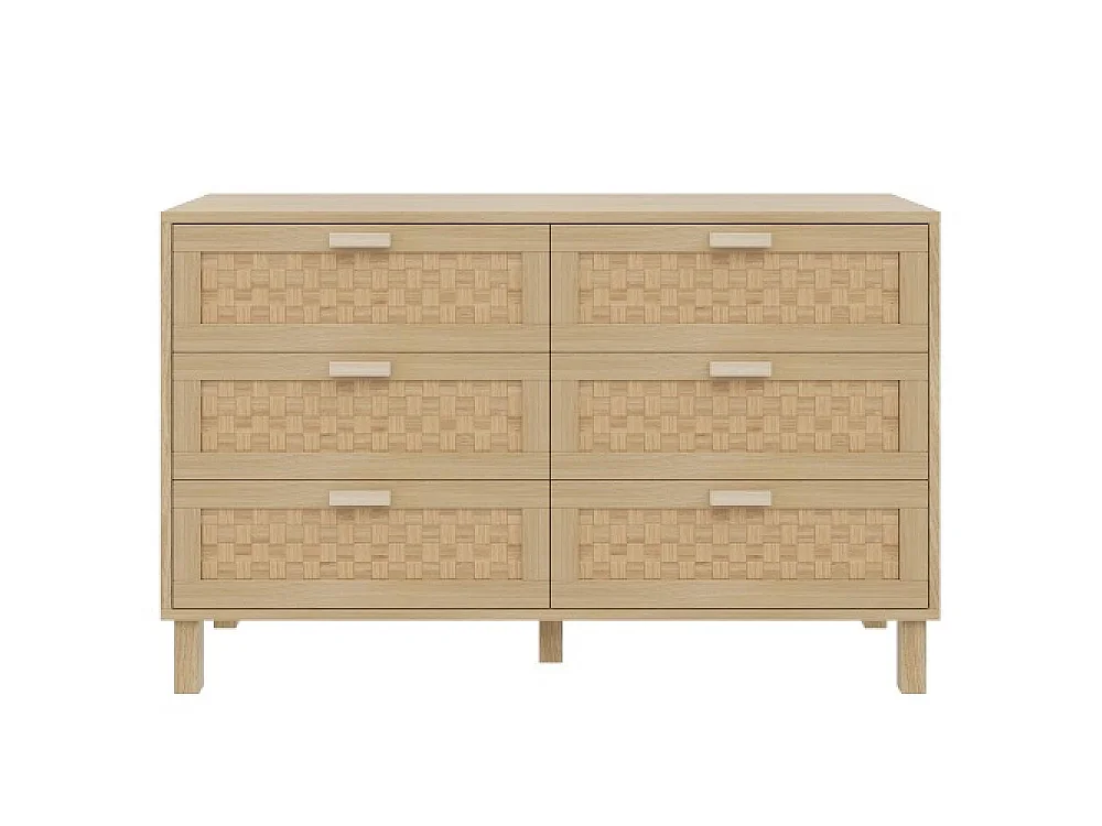 Aparador de madera natural 6 cajones, mueble de almacenamiento estilo ratán, multiusos para dormitorio y salón