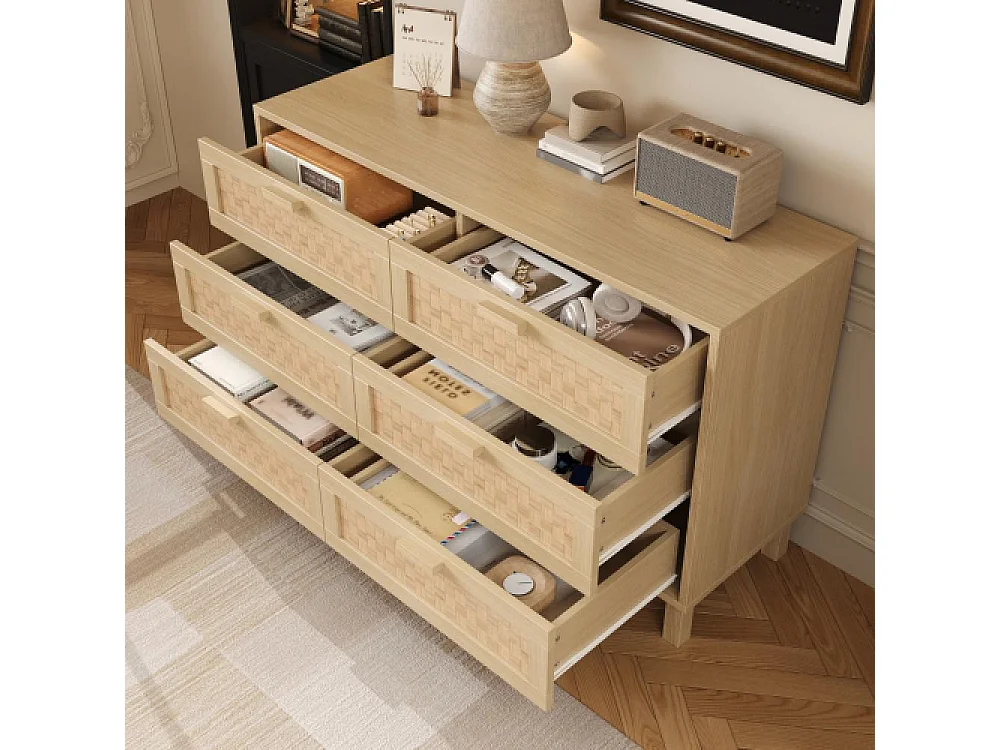 Aparador de madera natural 6 cajones, mueble de almacenamiento estilo ratán, multiusos para dormitorio y salón