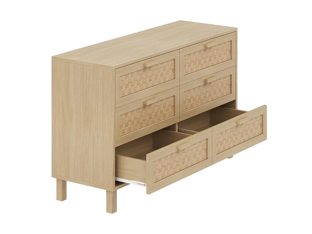 Aparador de madera natural 6 cajones, mueble de almacenamiento estilo ratán, multiusos para dormitorio y salón