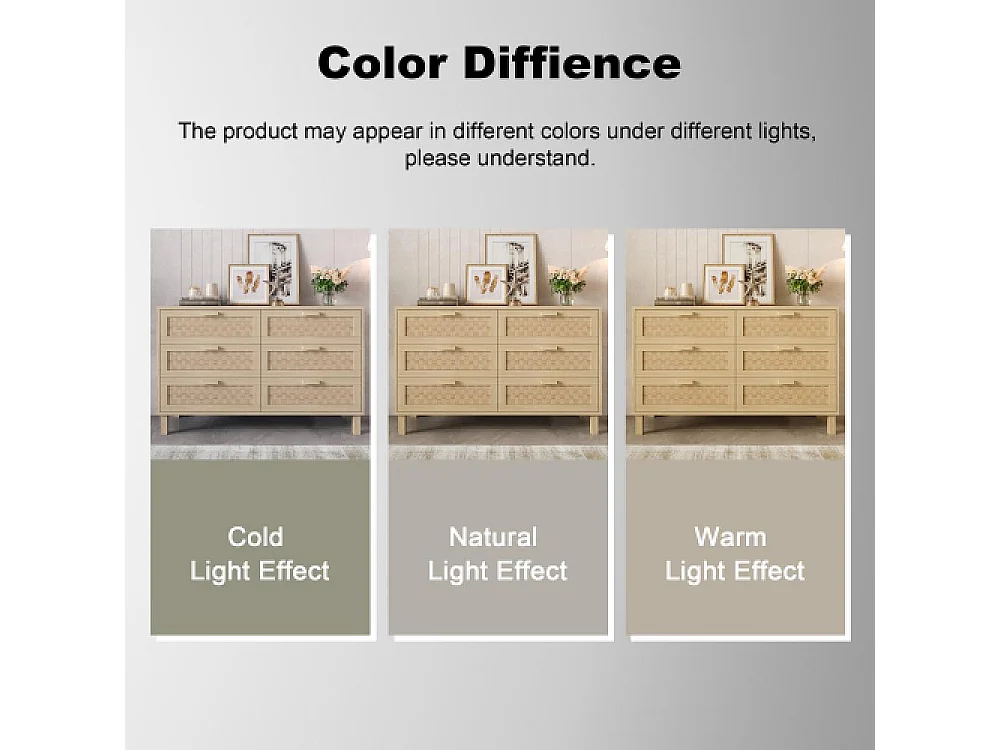 Aparador de madera natural 6 cajones, mueble de almacenamiento estilo ratán, multiusos para dormitorio y salón