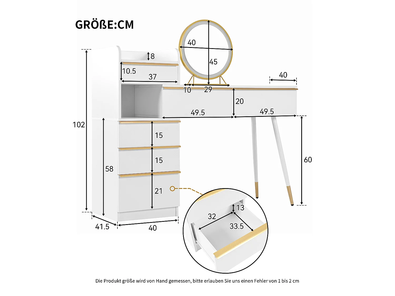 Tocador blanco con tablero extensible – 6 cajones dorados, espejo LED 3 colores, antivuelco – 102x100x41.5 cm (sin taburete)