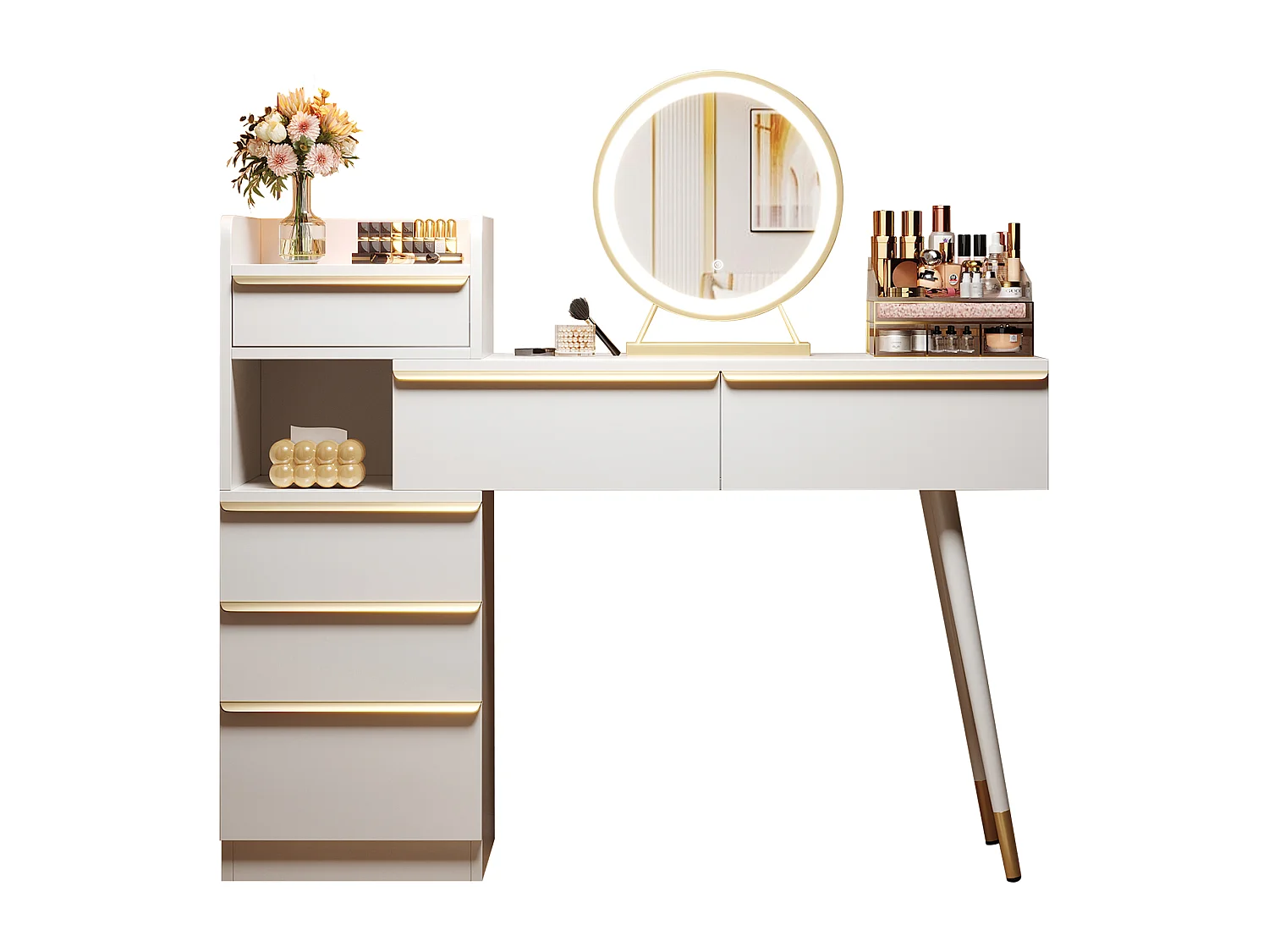 Tocador blanco con tablero extensible – 6 cajones dorados, espejo LED 3 colores, antivuelco – 102x100x41.5 cm (sin taburete)
