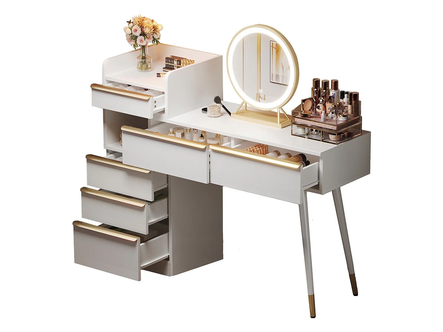 Tocador blanco con tablero extensible – 6 cajones dorados, espejo LED 3 colores, antivuelco – 102x100x41.5 cm (sin taburete)