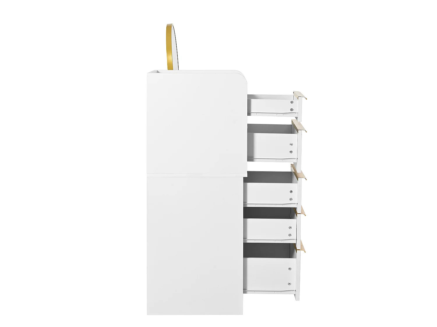 Tocador blanco con tablero extensible – 6 cajones dorados, espejo LED 3 colores, antivuelco – 102x100x41.5 cm (sin taburete)