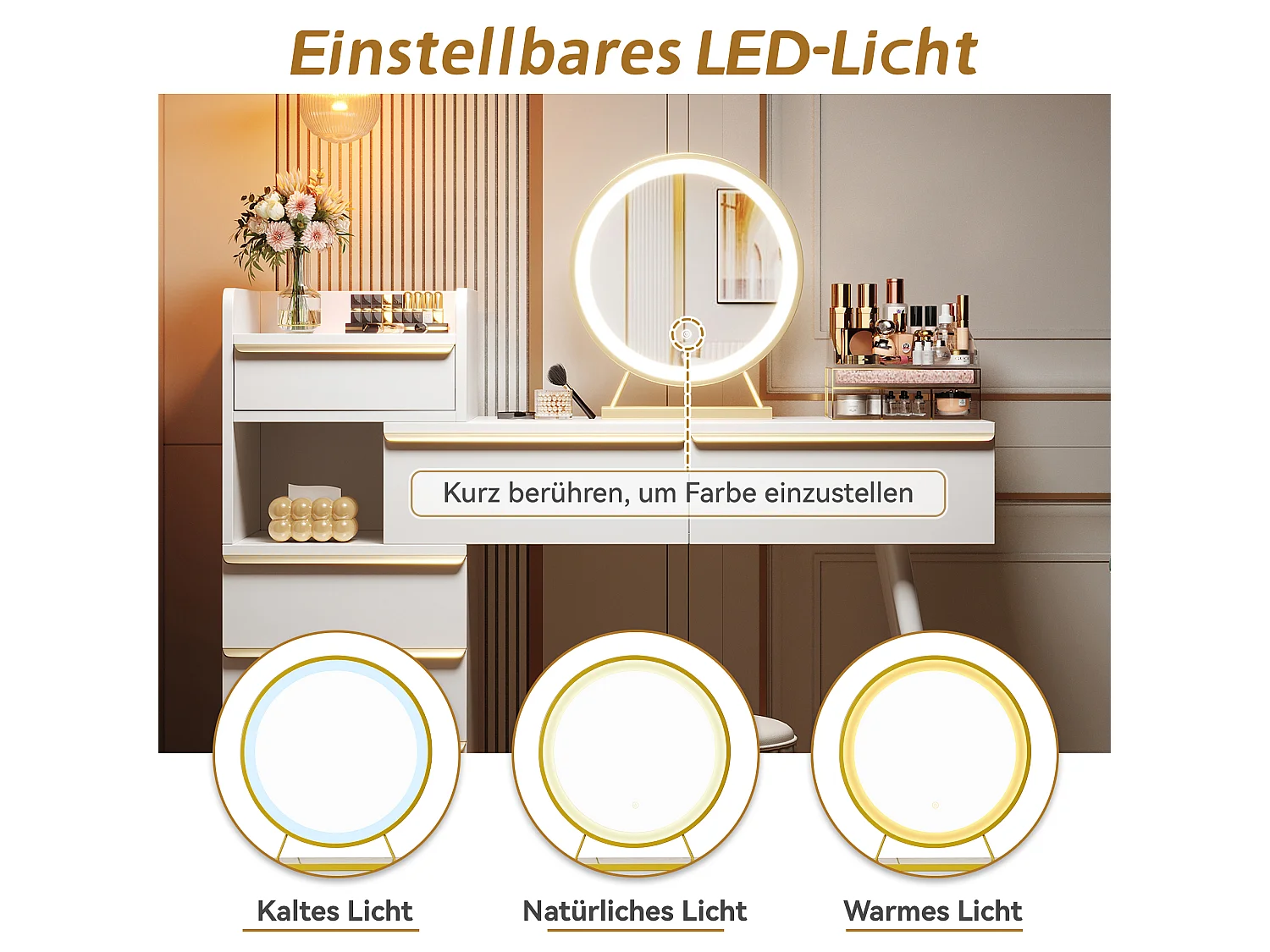 Tocador blanco con tablero extensible – 6 cajones dorados, espejo LED 3 colores, antivuelco – 102x100x41.5 cm (sin taburete)