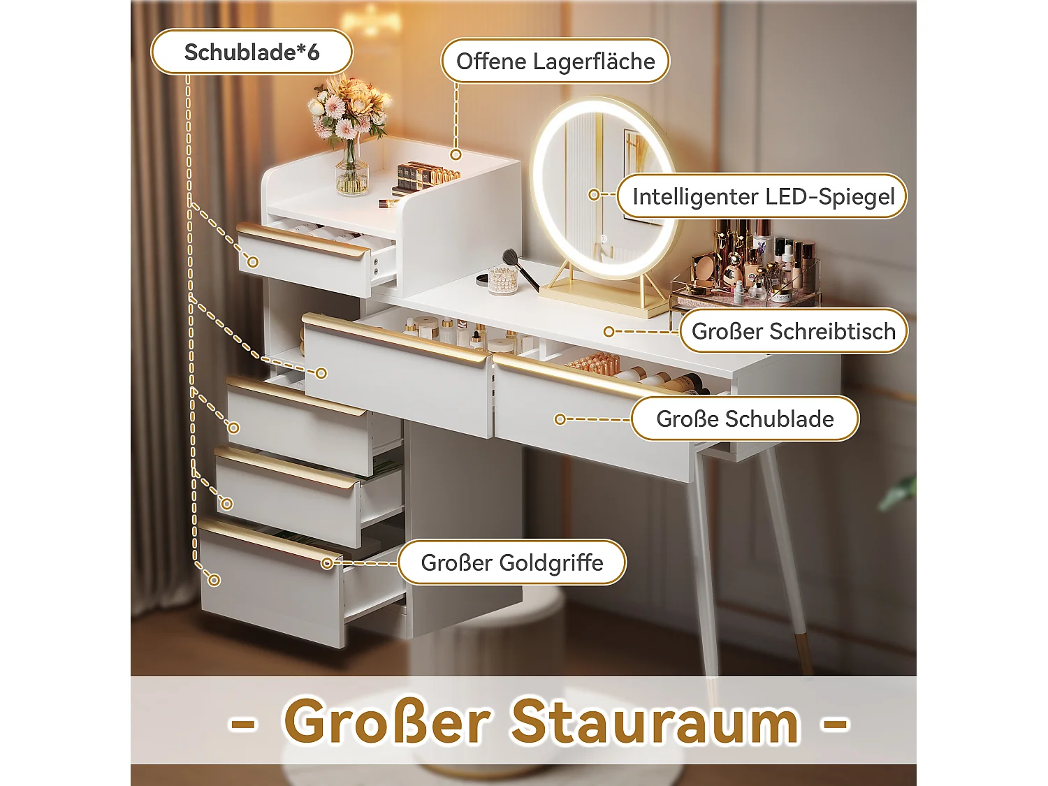 Tocador blanco con tablero extensible – 6 cajones dorados, espejo LED 3 colores, antivuelco – 102x100x41.5 cm (sin taburete)
