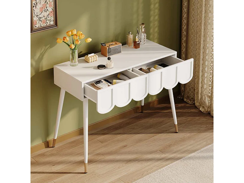 Mesa de maquillaje y escritorio multifunción, 2 cajones nube, patas metálicas cónicas, blanco 100x40x76 cm