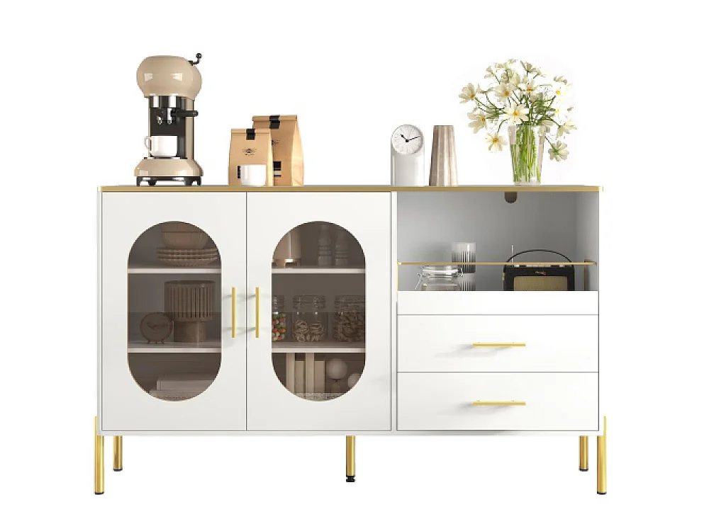 Aparador blanco elegante con 2 cajones y 2 puertas de vidrio – Mueble moderno con detalles dorados y gran espacio de almacenamiento
