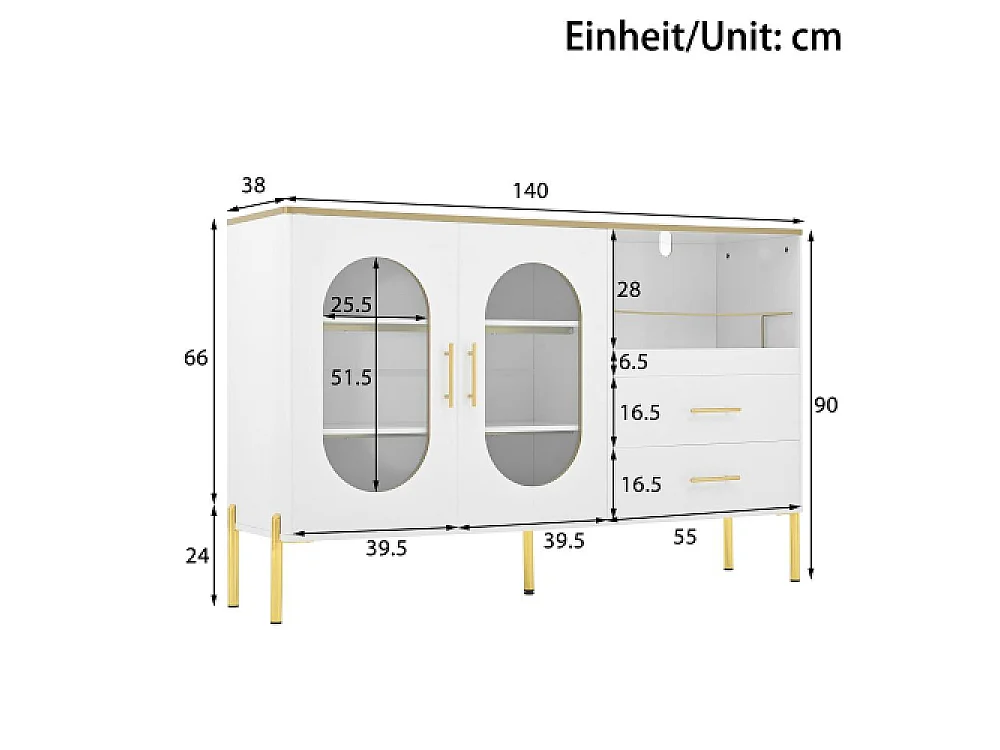 Aparador blanco elegante con 2 cajones y 2 puertas de vidrio – Mueble moderno con detalles dorados y gran espacio de almacenamiento