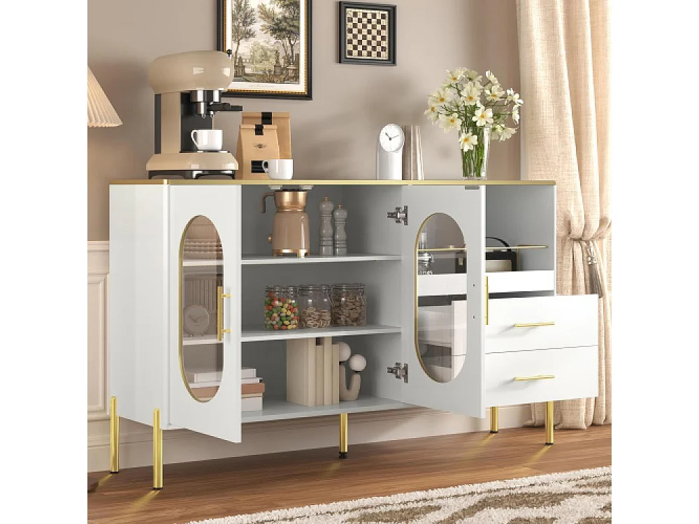 Aparador blanco elegante con 2 cajones y 2 puertas de vidrio – Mueble moderno con detalles dorados y gran espacio de almacenamiento