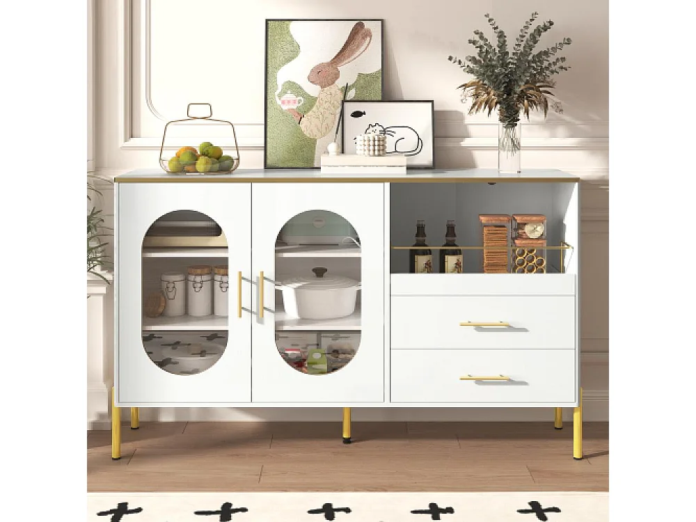 Aparador blanco elegante con 2 cajones y 2 puertas de vidrio – Mueble moderno con detalles dorados y gran espacio de almacenamiento
