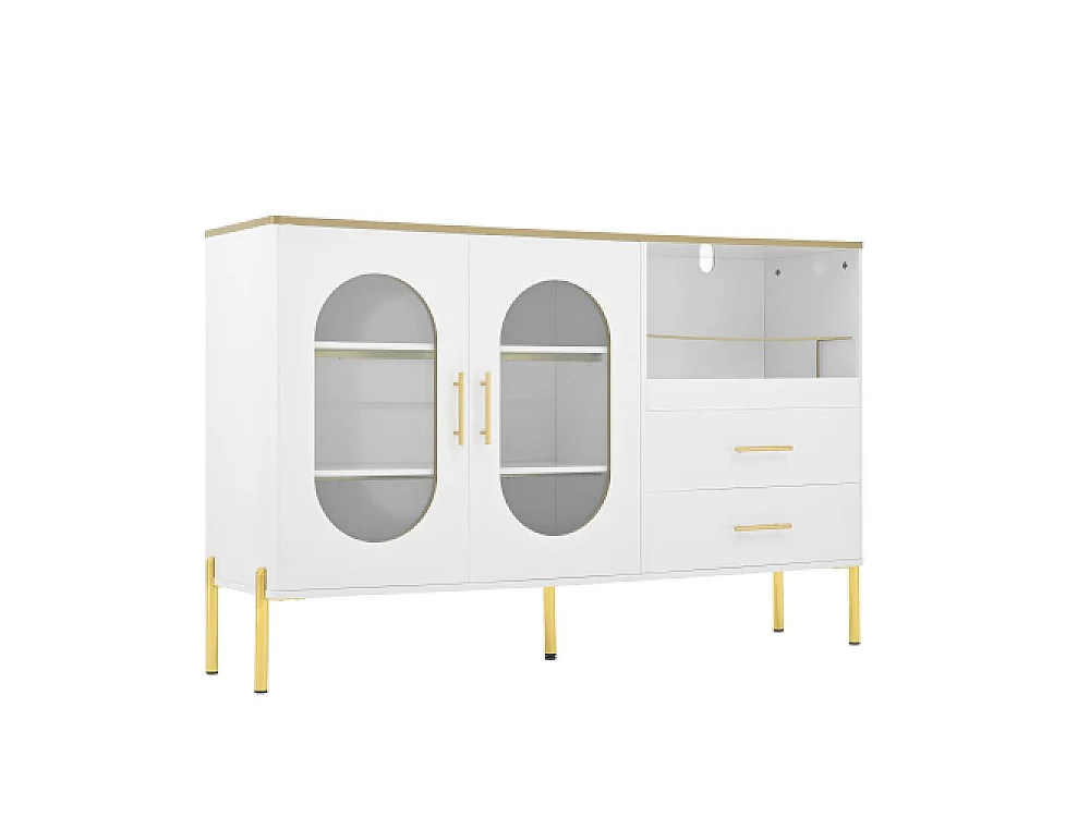 Aparador blanco elegante con 2 cajones y 2 puertas de vidrio – Mueble moderno con detalles dorados y gran espacio de almacenamiento