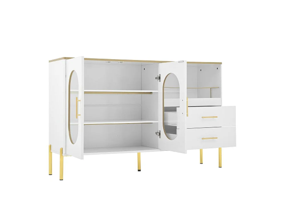 Aparador blanco elegante con 2 cajones y 2 puertas de vidrio – Mueble moderno con detalles dorados y gran espacio de almacenamiento