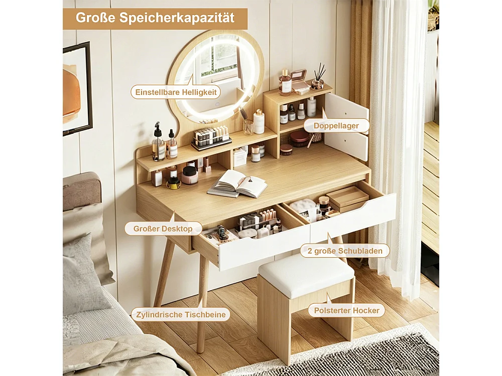 Kaptafel met LED-spiegel, gewatteerde kruk, 2 lades en 2 kasten, 80 x 135 x 40 cm