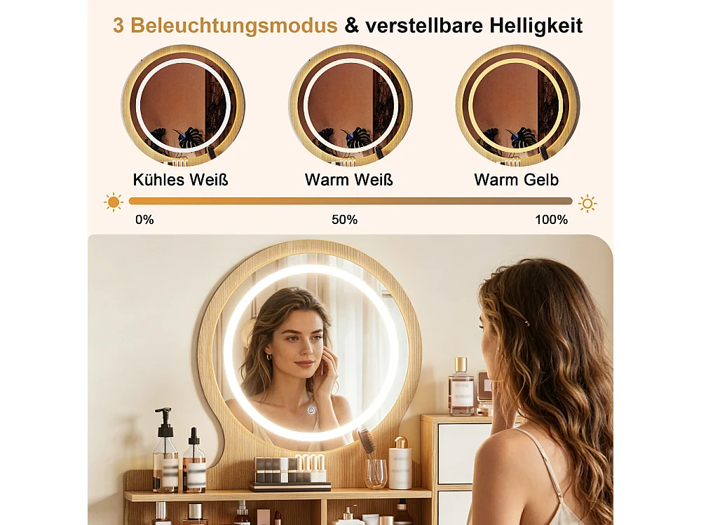 Kaptafel met LED-spiegel, gewatteerde kruk, 2 lades en 2 kasten, 80 x 135 x 40 cm