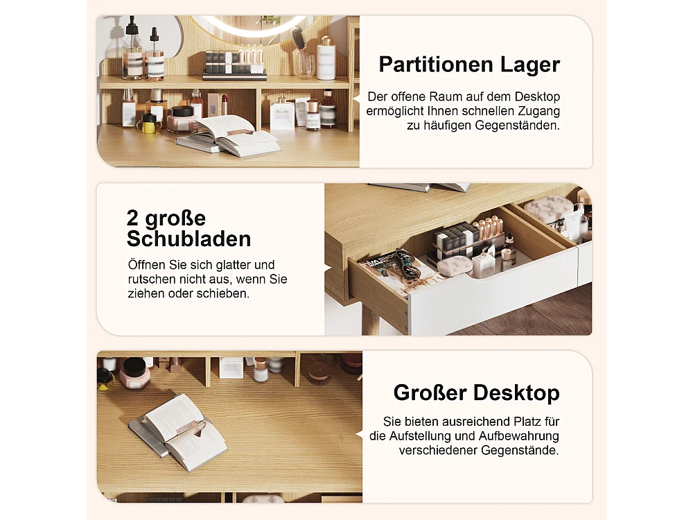 Kaptafel met LED-spiegel, gewatteerde kruk, 2 lades en 2 kasten, 80 x 135 x 40 cm